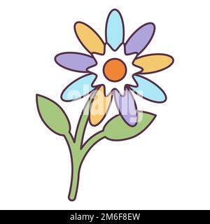 Retro 70s Groovy Hippie sticker daisy flower. Psychedelic cartoon element -funky illustration in vintage hippy style. Vector flat illustration for Stock Vector