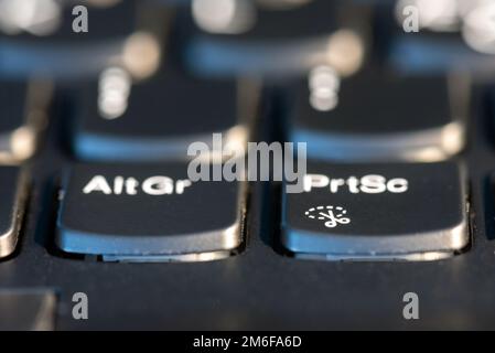 Macro shot of black keyboard focus on PrtSc key Stock Photo