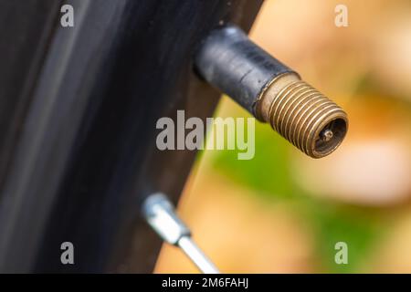 Nipple on bicycle rim for tubeless system close-up. Stock Photo