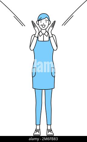 A senior woman in an apron calling out with his hand over his mouth ...