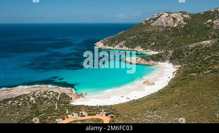 Aerial shot of turquoise colour water, little beach, and car park in Two Peoples Bay, Albany, Western Australia Stock Photo