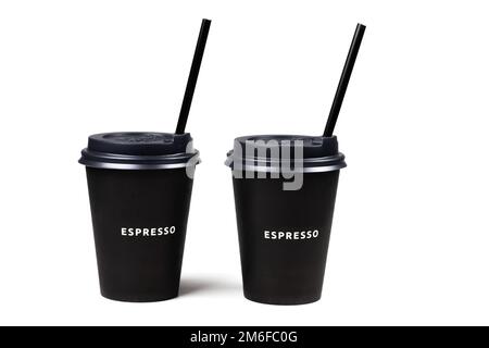 two black paper coffee cup with straws isolated on white background. Stock Photo