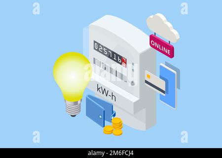 Isometric invoice and electricity meter. Utility bills payment. Electricity consumption expenses. People paying utility, and electricity bills online Stock Vector