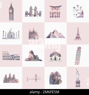 Collection of architectural landmarks painted by watercolor Stock Vector