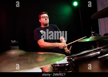 Idles drummer Jon Beavis photographed at Factory Studios, Bristol. Stock Photo