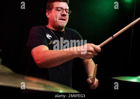 Idles drummer Jon Beavis photographed at Factory Studios, Bristol. Stock Photo