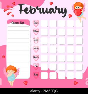 February monthly planner, weekly planner, habit tracker template and example. Template for agenda, schedule, planners, checklists, bullet journal, not Stock Vector