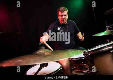 Idles drummer Jon Beavis photographed at Factory Studios, Bristol. Stock Photo