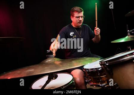 Idles drummer Jon Beavis photographed at Factory Studios, Bristol. Stock Photo