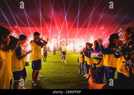 Riyadh, Saudi Arabia. 04th Jan, 2023. Riyadh, Kingdom, Saudi Arabia, January 3, 2023, Portuguese football star Cristiano Ronaldo presented at Marsool Park stadium with his new jersey from AlNassr Football Club in Riyadh, Kingdom of Saudi Arabia, on January 3, 2023. Photo by Balkis Press/ABACAPRESS.COM Credit: Abaca Press/Alamy Live News Stock Photo