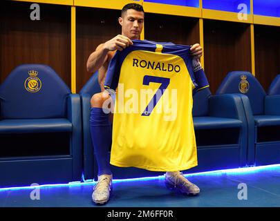 Riyadh, Saudi Arabia. 04th Jan, 2023. Riyadh, Kingdom, Saudi Arabia, January 3, 2023, Portuguese football star Cristiano Ronaldo presented at Marsool Park stadium with his new jersey from AlNassr Football Club in Riyadh, Kingdom of Saudi Arabia, on January 3, 2023. Photo by Balkis Press/ABACAPRESS.COM Credit: Abaca Press/Alamy Live News Stock Photo