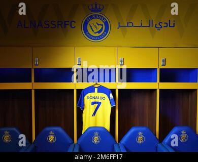 Riyadh, Saudi Arabia. 04th Jan, 2023. Riyadh, Kingdom, Saudi Arabia, January 3, 2023, Portuguese football star Cristiano Ronaldo presented at Marsool Park stadium with his new jersey from AlNassr Football Club in Riyadh, Kingdom of Saudi Arabia, on January 3, 2023. Photo by Balkis Press/ABACAPRESS.COM Credit: Abaca Press/Alamy Live News Stock Photo