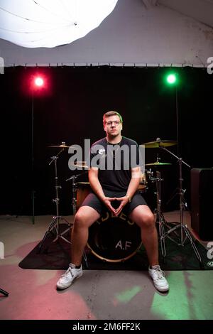 Idles drummer Jon Beavis photographed at Factory Studios, Bristol. Stock Photo