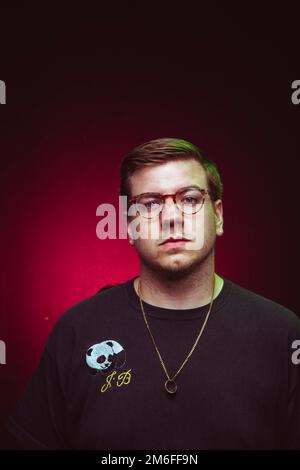 Idles drummer Jon Beavis photographed at Factory Studios, Bristol. Stock Photo