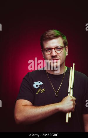 Idles drummer Jon Beavis photographed at Factory Studios, Bristol. Stock Photo