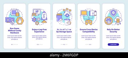 Developments in cloud gaming onboarding mobile app screen Stock Vector