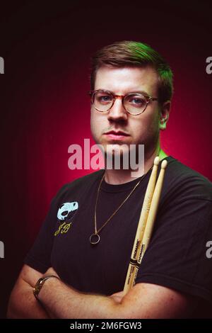 Idles drummer Jon Beavis photographed at Factory Studios, Bristol. Stock Photo