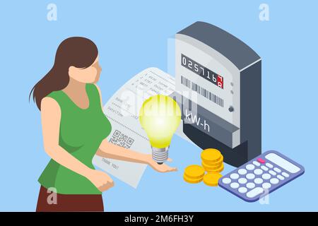 Isometric invoice and electricity meter. Utility bills payment. Electricity consumption expenses. People paying utility, and electricity bills online Stock Vector