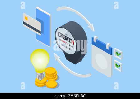 Isometric invoice and electricity meter. Utility bills payment. Electricity consumption expenses. People paying utility, and electricity bills online Stock Vector