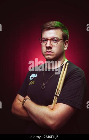 Idles drummer Jon Beavis photographed at Factory Studios, Bristol. Stock Photo