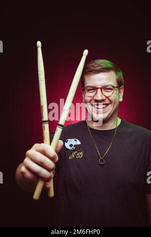 Idles drummer Jon Beavis photographed at Factory Studios, Bristol. Stock Photo