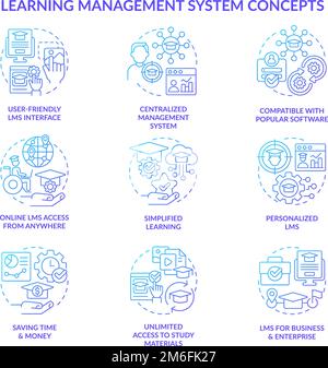 Learning management system blue gradient concept icons set Stock Vector