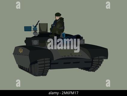 illustration of female defender in Ukrainian military tank isolated on grey,stock image Stock Vector