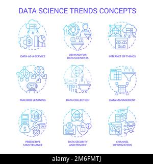 Data science trends blue gradient concept icons set Stock Vector