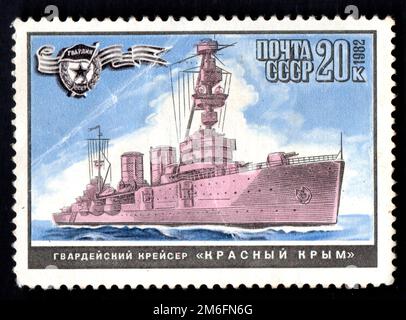 Vintage postage stamp about navy. Retro postage stamp isolated. Stamp with image of Soviet destroyer Stock Photo