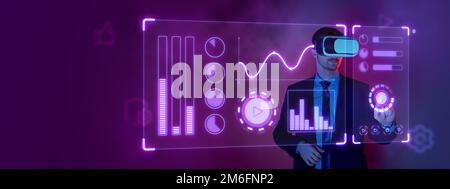 Manager, businessman in virtual reality headset with charts on screen projection over futuristic server room background in neon. Technology concept Stock Photo