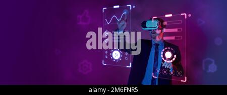 Manager, businessman in virtual reality headset with charts on screen projection over futuristic server room background in neon. Technology concept Stock Photo