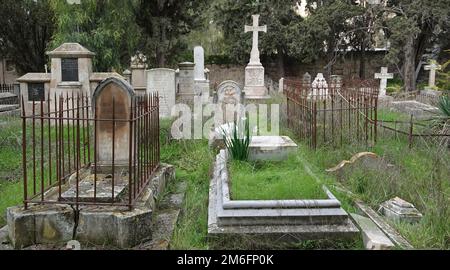 Graves at the Protestant Christian cemetery owned by the Anglican Church on mount Zion outside the old city in Jerusalem Israel. The cemetery contains the graves of 77 military individuals, as well as the former Bishop of Jerusalem, Samuel Gobat. Stock Photo