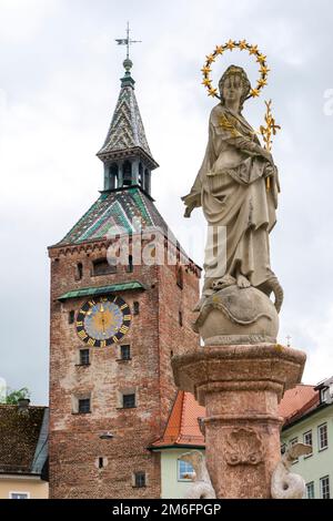 City of Landsberg am Lech in Bavaria with the historic Schmalzturm and Marienbrunnen on the main square Stock Photo