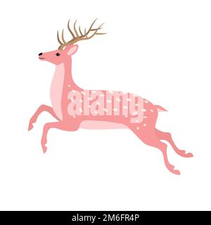 Vector flat hand drawn jumping pink deer isolated on white background Stock Vector