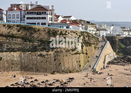 A beautiful shot of the sunny shore of Pescadores in the village of Ericeira, Portugal Stock Photo