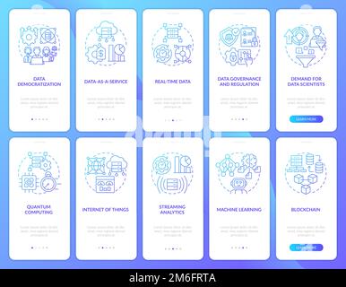 Data science technology trends blue gradient onboarding mobile app screens set Stock Vector