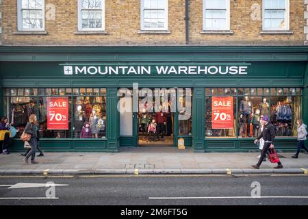London- December 2022:  Mountain Warehouse store exterior, a British outdoor fashion and equipment brand Stock Photo
