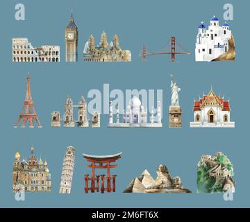 Collection of architectural landmarks painted by watercolor Stock Vector