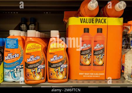 Surrey UK- December 2022: Mr Muscle products in supermarket shelf- British brand of hard surface cleaners Stock Photo