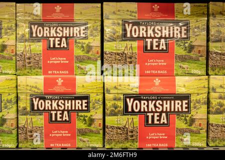 Surrey UK- December 2022: Yorkshire Tea packs for sale on supermarket shelf, British tea brand Stock Photo