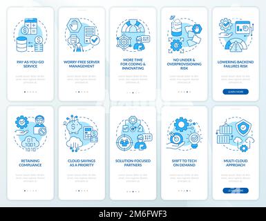 Cloud computing innovations blue onboarding mobile app screen set Stock Vector