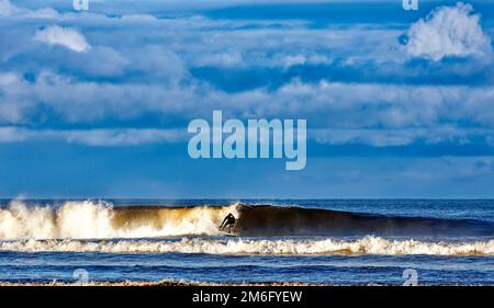 Lossiemouth East Beach Moray coast Scotland lone surfer on a breaking wave in winter Stock Photo