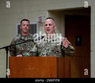 Army Reserve Brig. Gen. Christopher W. Cook addresses soldiers during the 78th Training Division's Assumption of Command Ceremony at Muscatatuk Urban Training Center, IN. April 27, 2022. Stock Photo