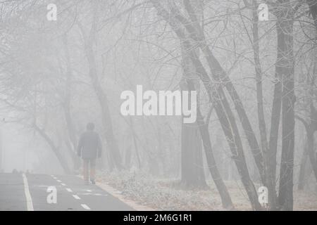 Visible air pollution at the streets of Belgrade, hazy foggy and polluted air and strong emission of CO2 Stock Photo