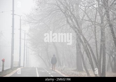 Visible air pollution at the streets of Belgrade, hazy foggy and polluted air and strong emission of CO2 Stock Photo