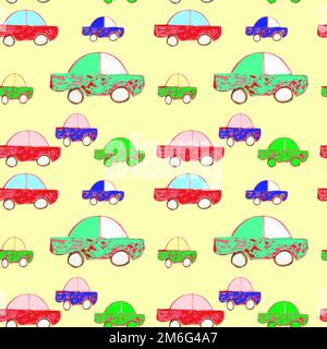 Seamless pattern on a yellow background, watercolor vintage hand-drawn illustration. Multi-color texture of a retro car in a row Stock Photo