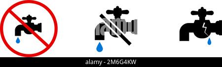 Faucet icon set of water faucet malfunction and prohibition of use and water leakage. Editable vector. Stock Vector