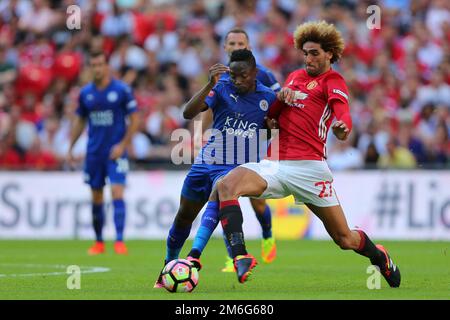 Marouane Fellaini of Manchester United and Ahmed Musa of Leicester City battle for possession - Leicester City v Manchester United, FA Community Shield, Wembley Stadium, London - 7th August 2016 Stock Photo