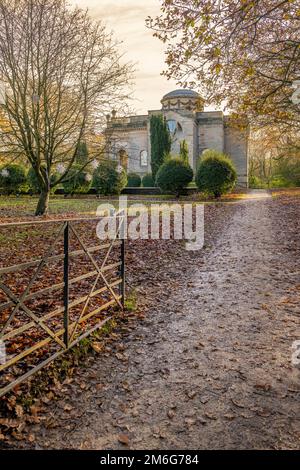 Side view of Gibside Chapel seen from footpath with metal gate in the foreground. Stock Photo