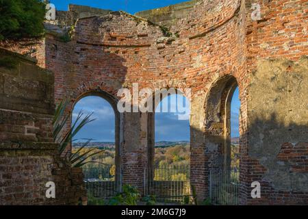 Arched windows of the derelict Orangery at Gibside, looking North West towards Rowlands Gill. Tyne and Wear. UK Stock Photo